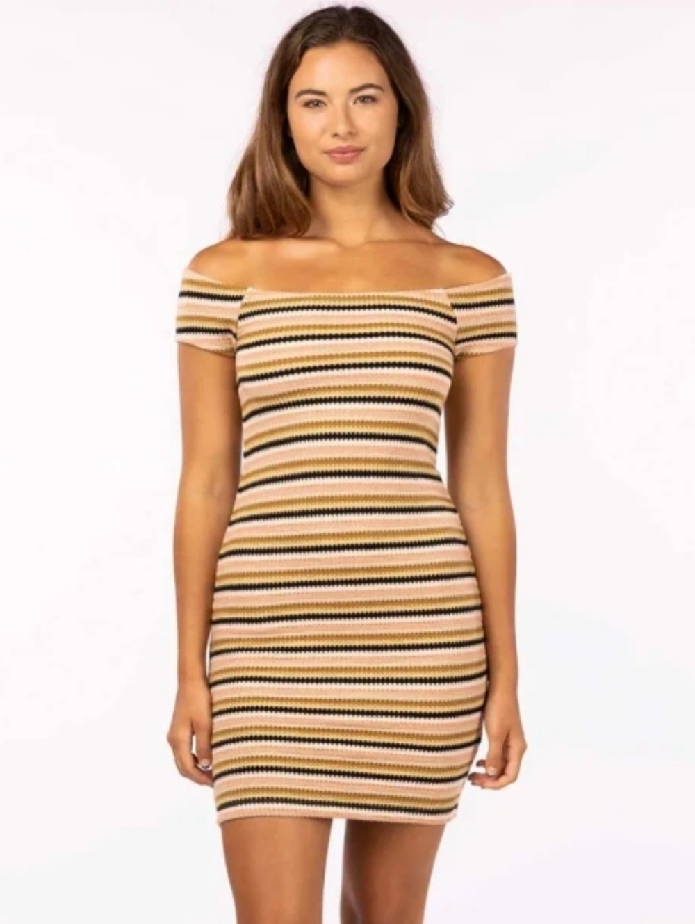 Rip Curl Sundial Stripe Knit Mini Dress Beige Pink Black XS